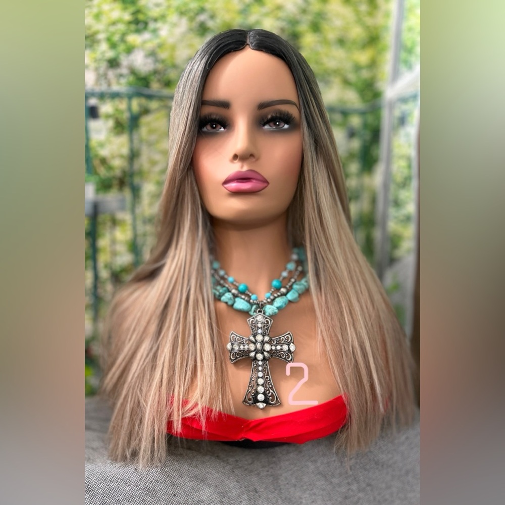 Ombré Rose Gold 20 inch Straight Premium Synthetic Layered Wig 002